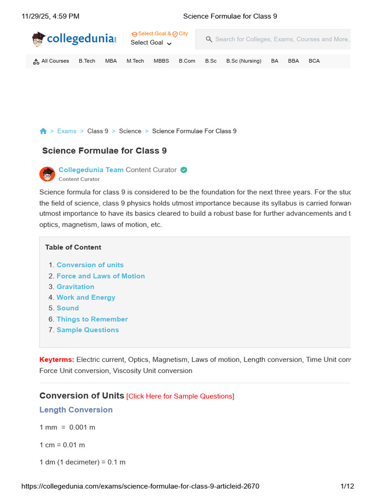Class 9 Science Formulae Guide | PDF | Force | Velocity