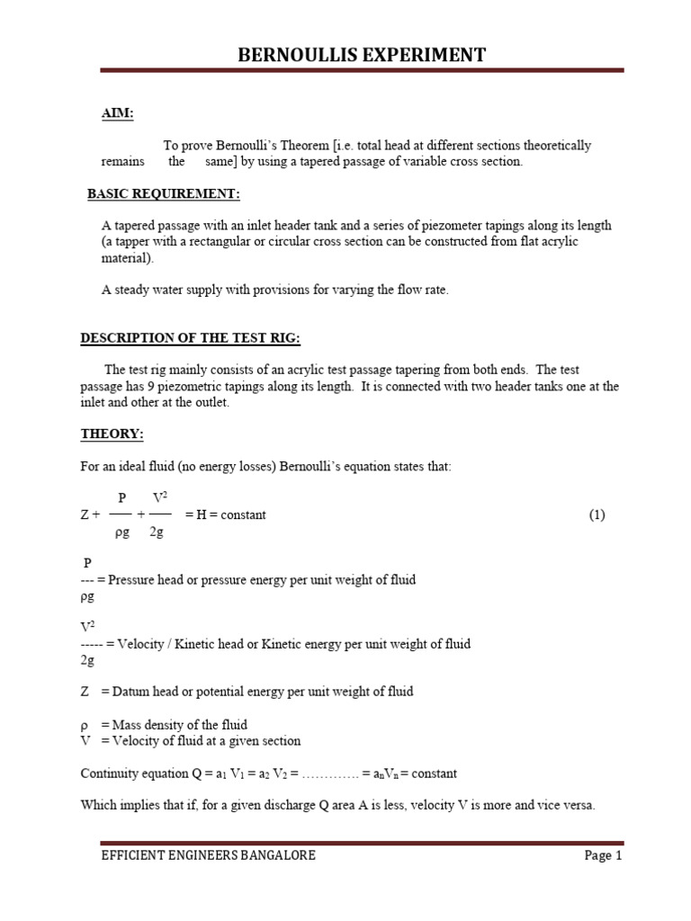 Bernoullis Equation 1 Pdf Fluid Dynamics Quantity