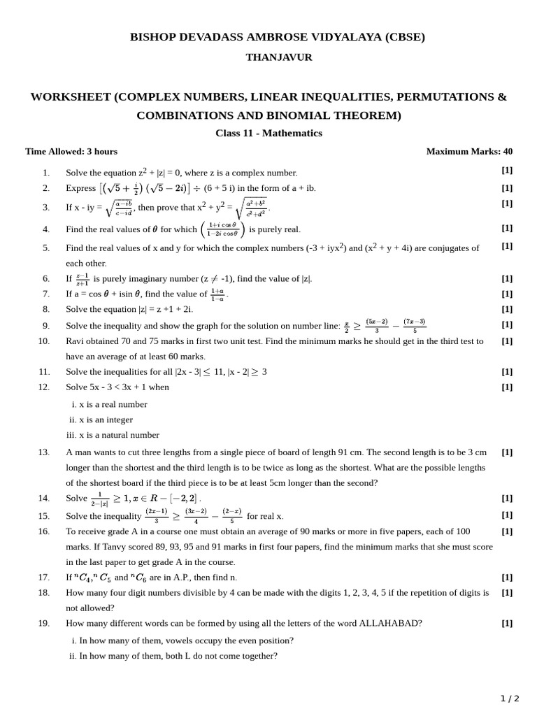 Class 11 Math Worksheet: Complex Numbers & Inequalities | PDF | Complex ...