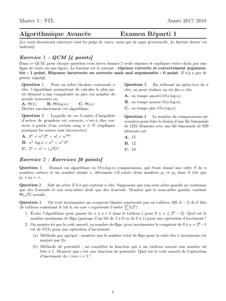 Examen Algorithmique Avancée 2017/2018 | PDF | Algorithmes et ...