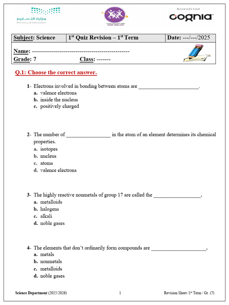 Grade 7 Science Quiz Revision Sheet | PDF | Periodic Table | Atoms
