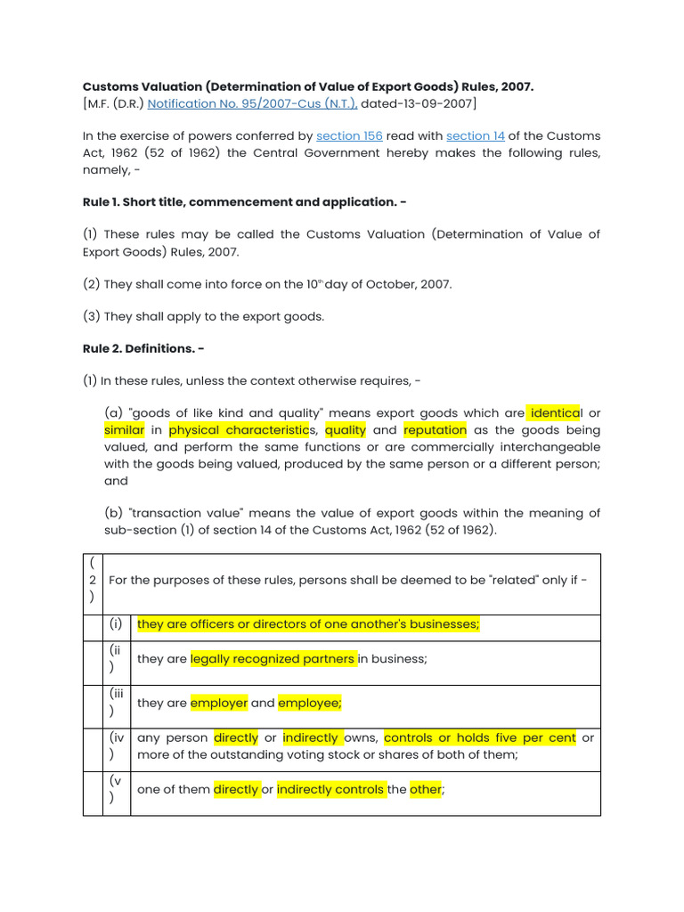 Customs Valuation Rules for Exports 2007 | PDF | Valuation (Finance ...