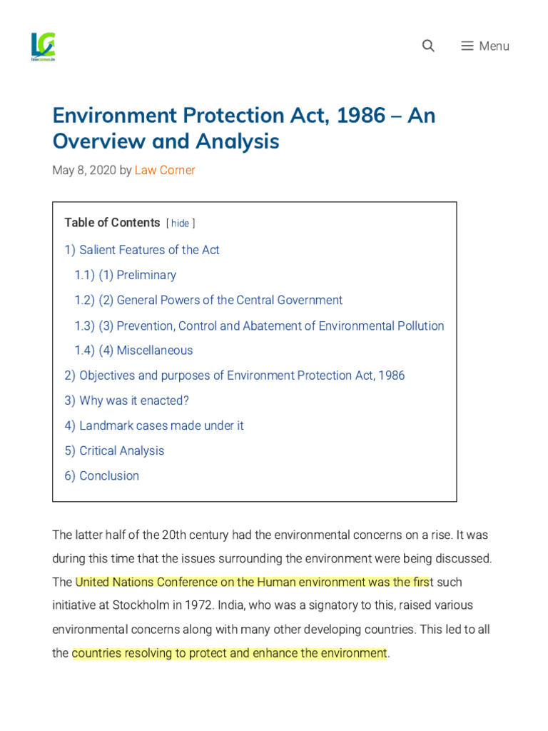 Environment Protection Act, 1986 - An Overview and Analysis - Law ...