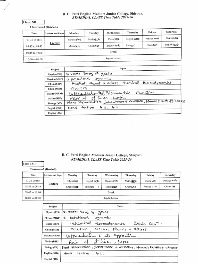 Remedial Class Time Table Wef 17 To 22 Nov. | PDF
