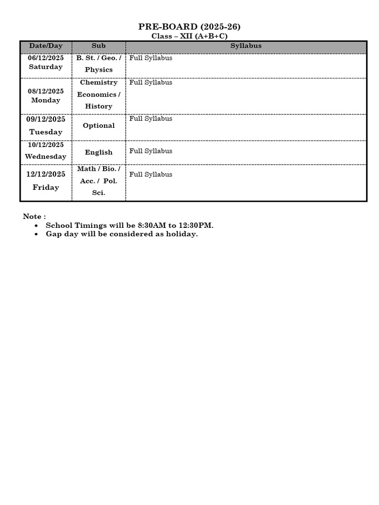 Class XII Pre-Board Exam Schedule 2025-26 | PDF