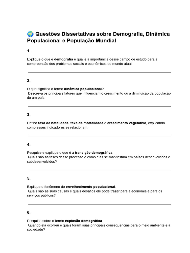 Questões sobre Demografia e População Mundial | PDF | Crescimento ...