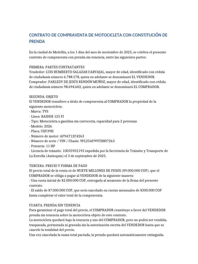 Contrato de Compraventa de Motocicleta | PDF | Póliza de seguros