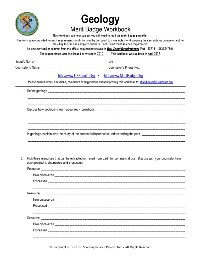 Geology Merit Badge Workbook PDF Geology Fossil