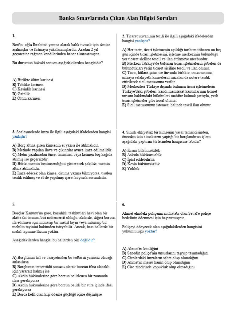 Banka Sinavlarinda Cikan Alan Bilgisi Sorulari | PDF