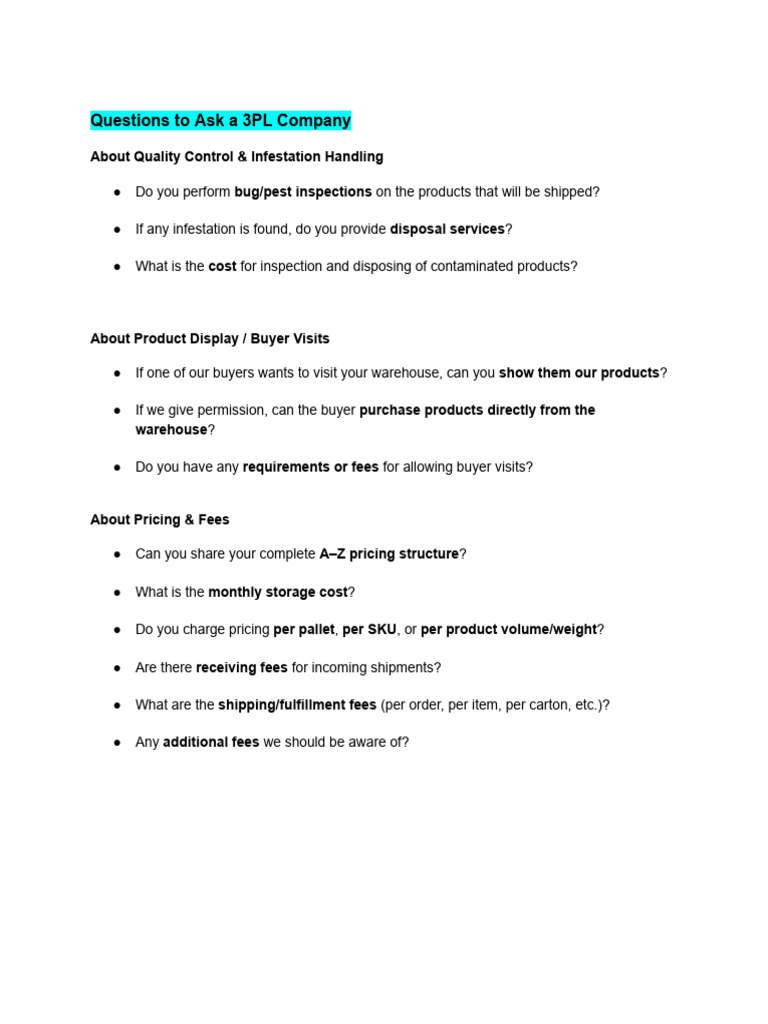 Essential Questions for 3PL Quality Control | PDF