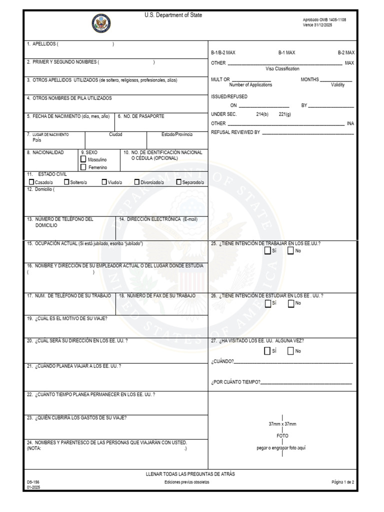 Solicitud de Visa No Inmigrante DS-156 | PDF | Visa de viaje