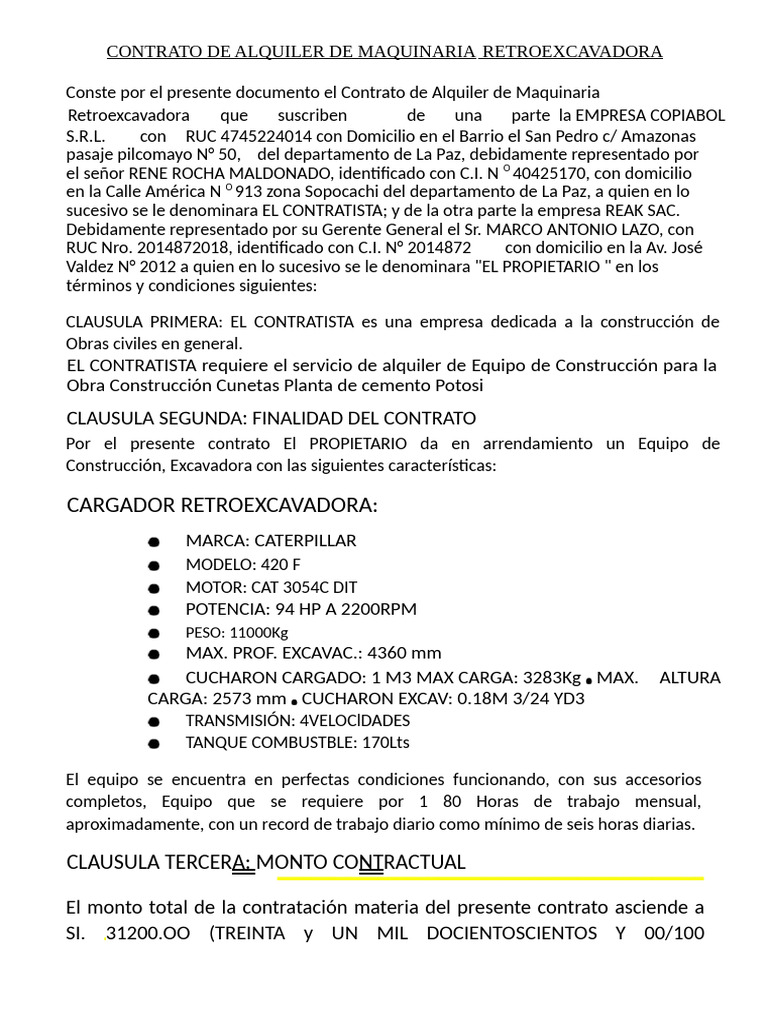 Contrato de Alquiler Retroexcavadora La Paz | PDF
