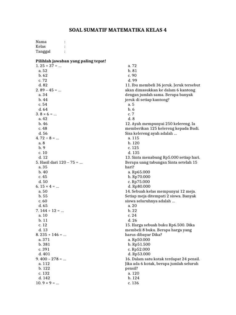 Soal Matematika Kelas 4 Lengkap | PDF