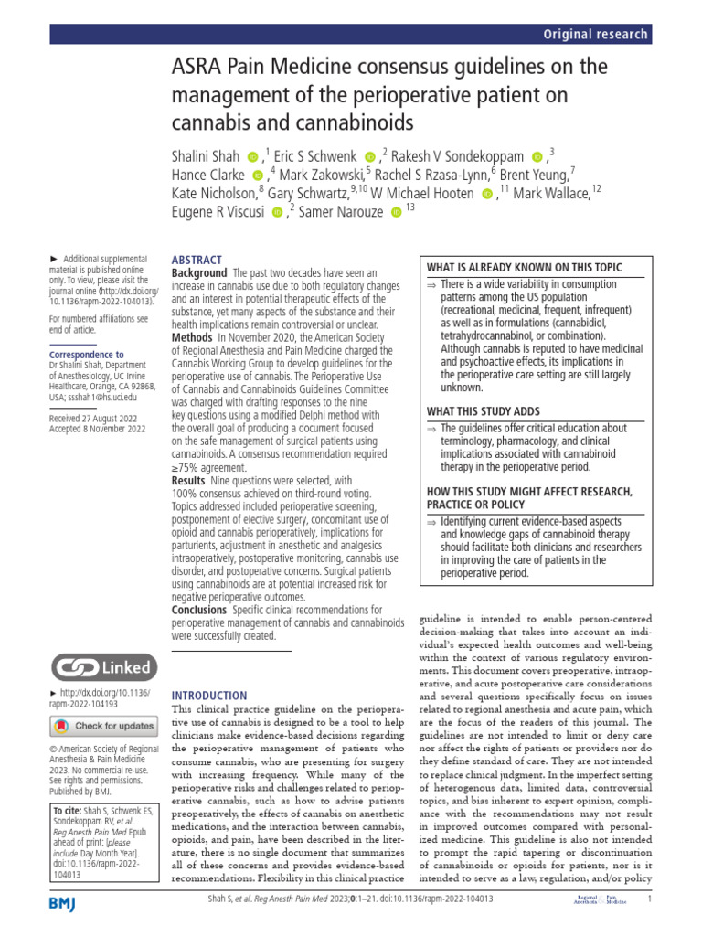 ASRA Management Perioperative Cannabis Cannabinoids | PDF ...