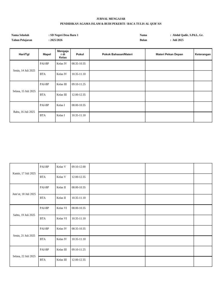 Jurnal Mengajar PAI & BTA SDN Desa Baru | PDF