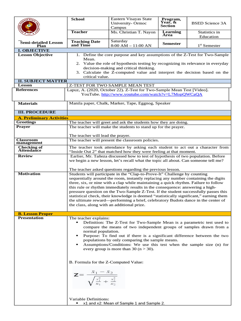 Z-Test for Two-Sample Mean Lesson Plan | PDF | Variance | Statistical ...
