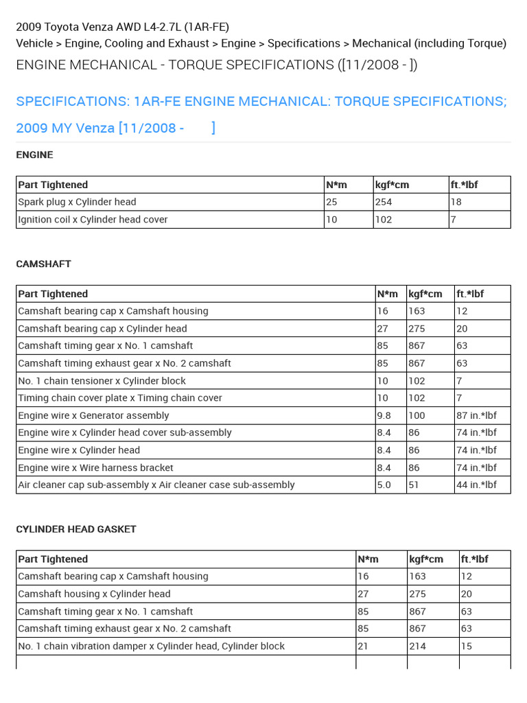 2009 Toyota Venza 1AR-FE Torque Specs | PDF | Engines | Vehicles