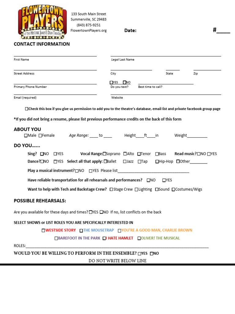 Theatre Audition Form Template | PDF | Audition | Music Performance
