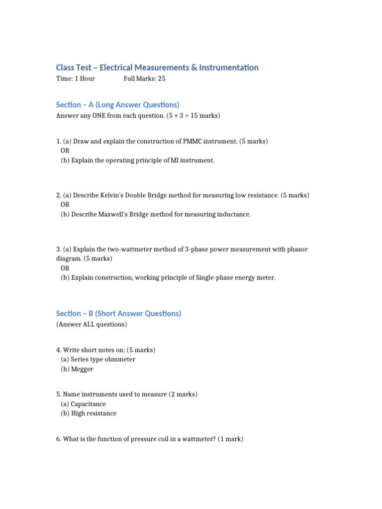 Electrical Measurements Test Paper With Matching | PDF