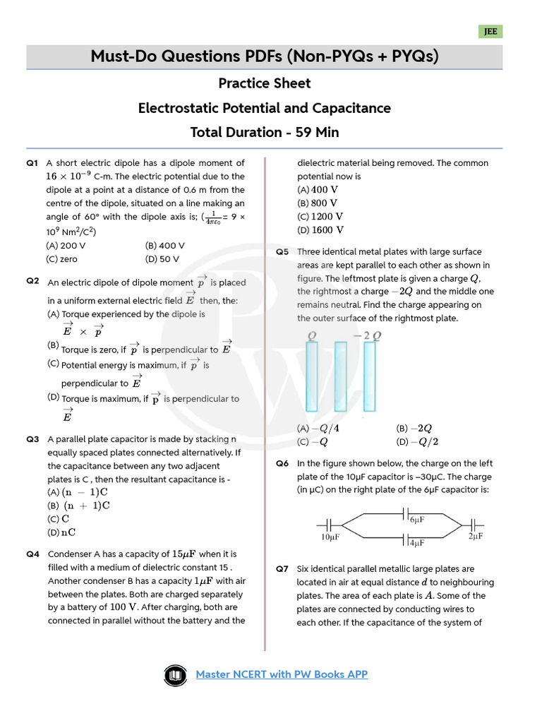 Electrostatic Potential and Capacitance Must Do Questions Sheet | PDF ...