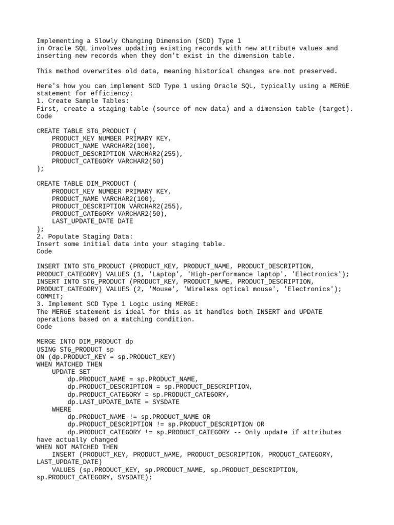 SCD Type 1 Implementation in Oracle SQL | PDF | Computer Engineering ...