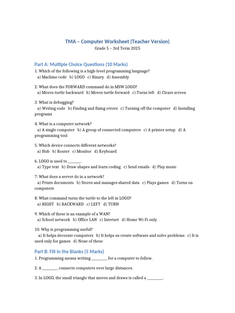 Grade 5 Computer Worksheet Answers | PDF | Computer Network | Computer ...