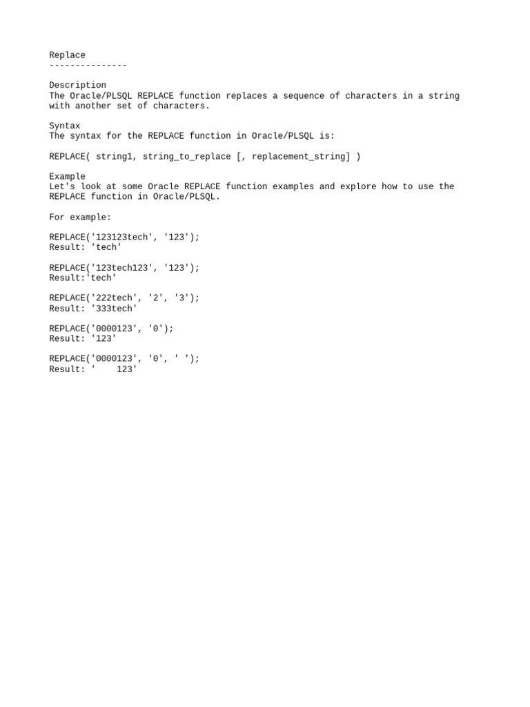 Oracle PLSQL REPLACE Function Guide | PDF