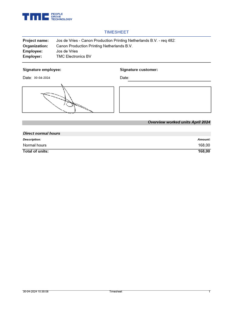 April 2024 Timesheet for Jos de Vries | PDF