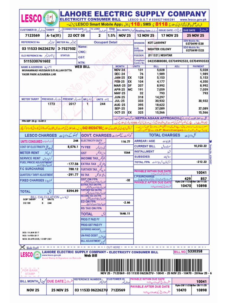 Web Bill Summary for November 2025 | PDF