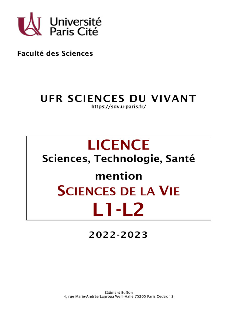 Licence Sciences de la Vie 2022-2023 | PDF | Biologie | Biologie des ...
