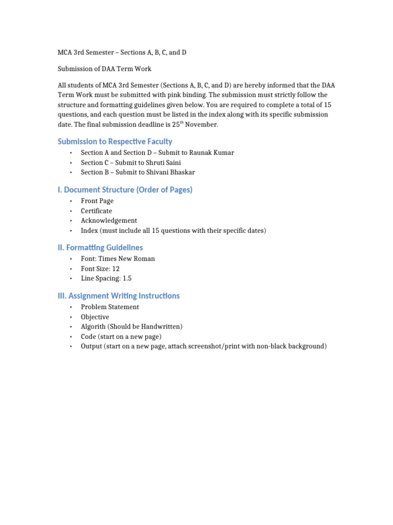 DAA Term Work Instructions | PDF
