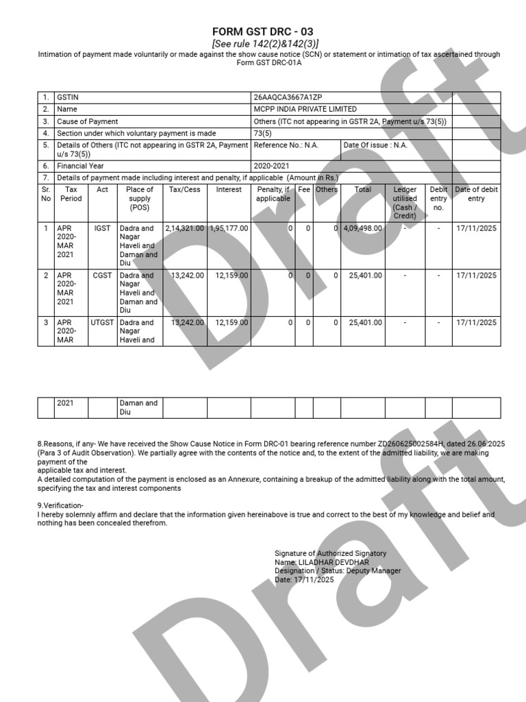 GST DRC-03 Payment Intimation Form | PDF | Payments