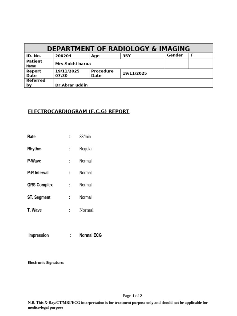 Normal ECG Report for Mrs. Sukhi Barua | PDF