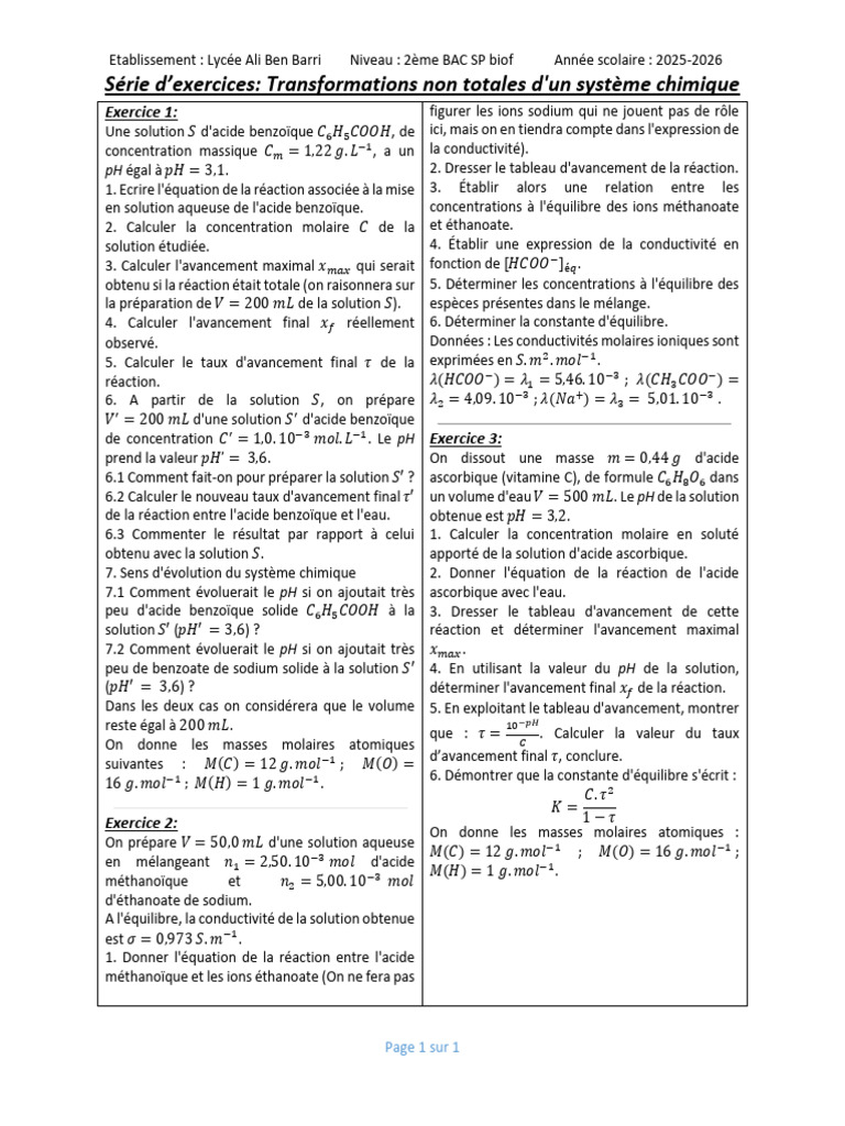 Exercices - Transformations Non Totales D'un Système Chimique | PDF ...