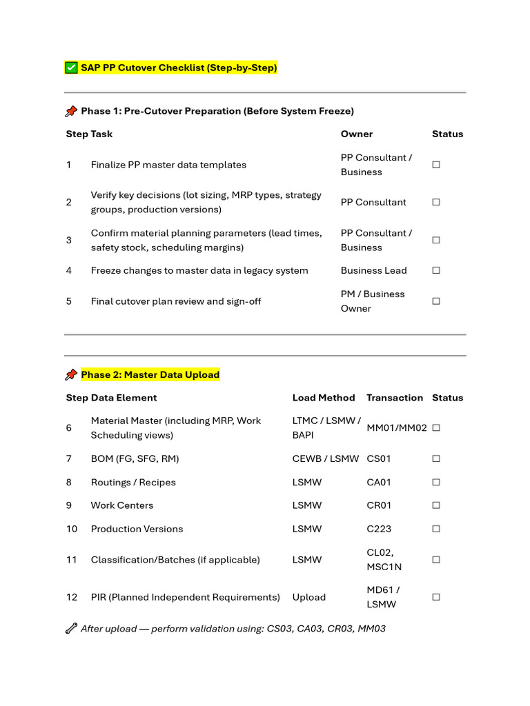 SAP PP Cutover Checklist Guide | PDF | Information Technology | Computing