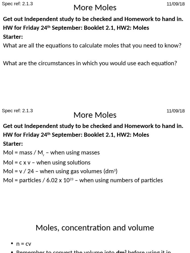 L5 24-09-21 Other Moles Equations | PDF | Mole (Unit) | Molecules