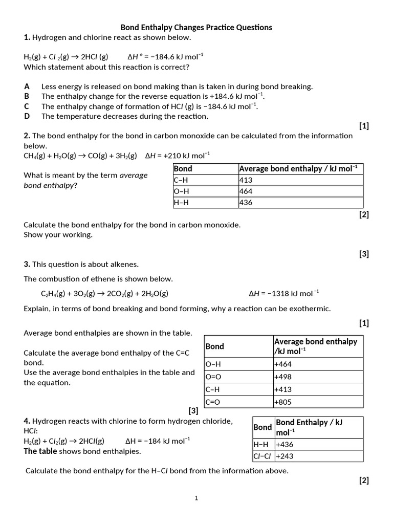 Bond Enthalpy Changes Practice Questions | PDF | Intermolecular Force ...