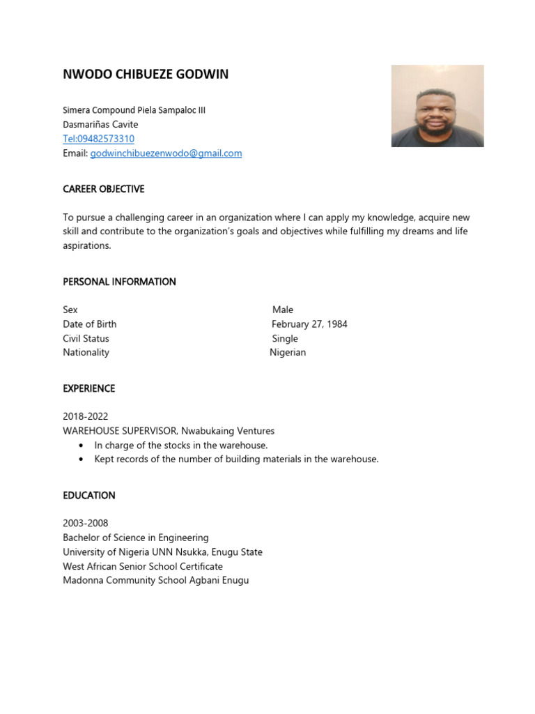 Warehouse Supervisor Resume - Godwin Nwodo | PDF