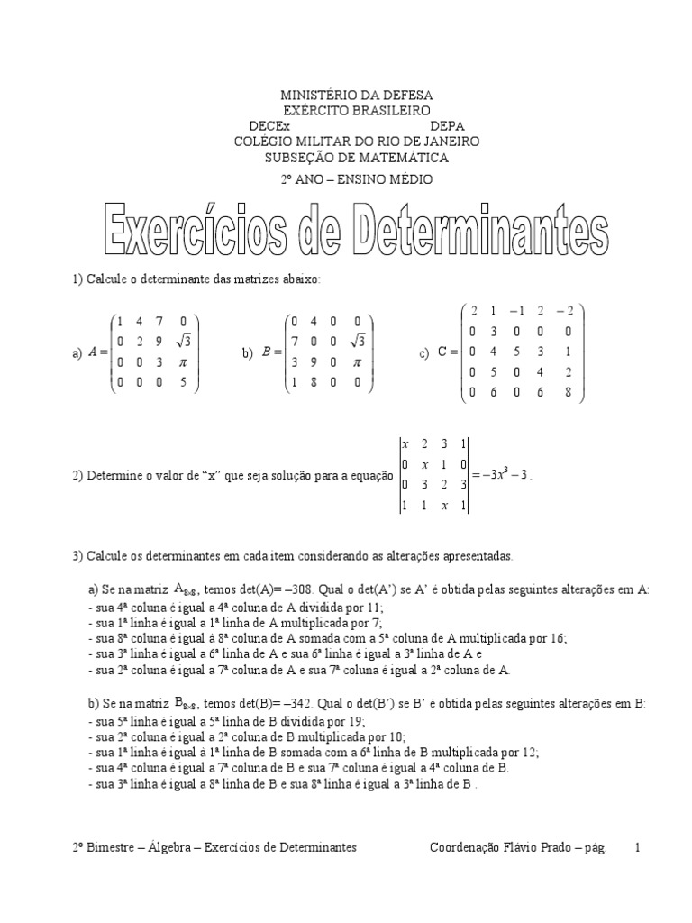 Exercícios de Determinantes (1) | Determinante | Matriz (Matemática)