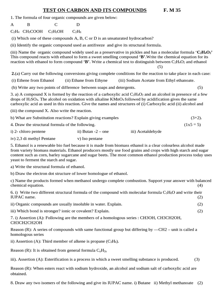 Test On Carbon and Its Compounds - 8!11!24 - 2nd | PDF | Ethanol ...