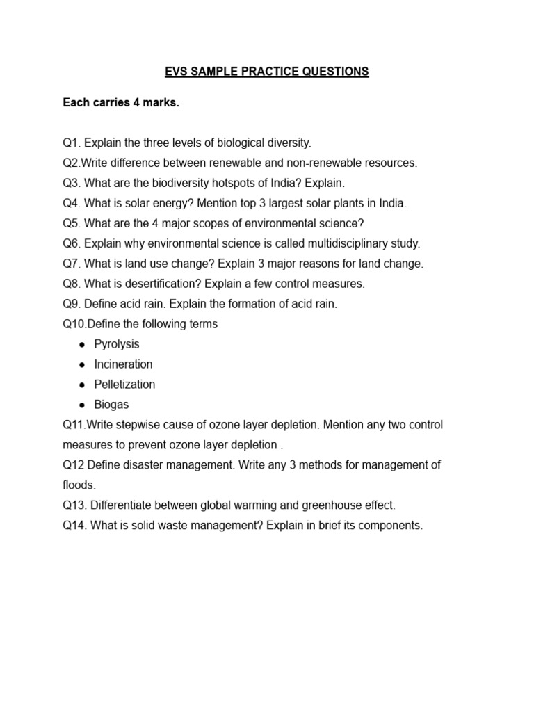 Evs Sample Practice Questions | PDF