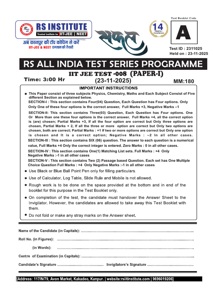 IIT JEE Test Paper-I Overview 2025 | PDF