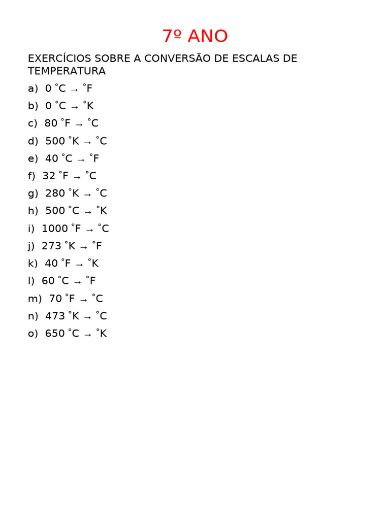 Exercícios de Conversão de Temperatura | PDF