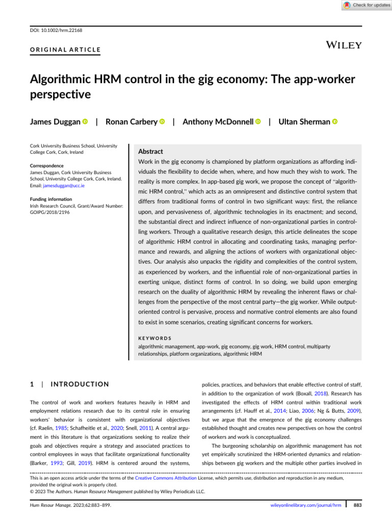 Human Resource Management - 2023 - Duggan - Algorithmic HRM Control in ...