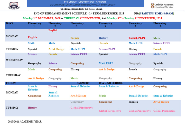 PIS Montessori School Term 1 Assessment Schedule | PDF | Science