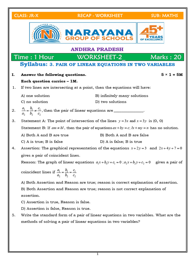 Linear Equations Worksheet for Class JR-X | PDF | System Of Linear ...