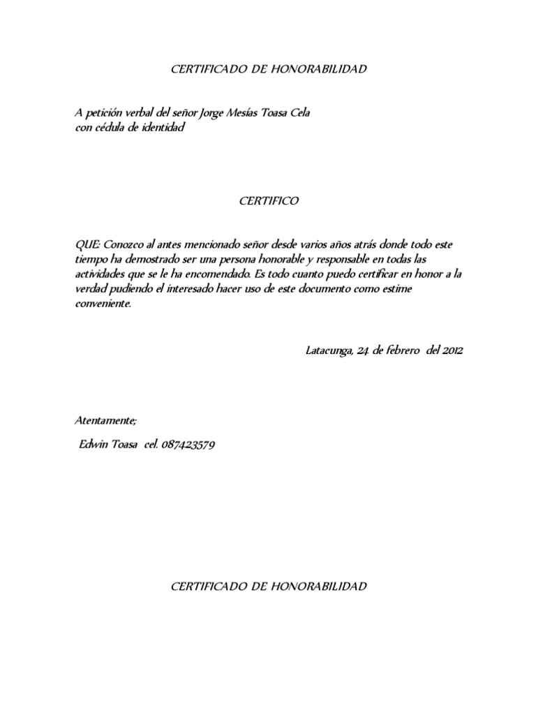 Certificado de Honorabilidad