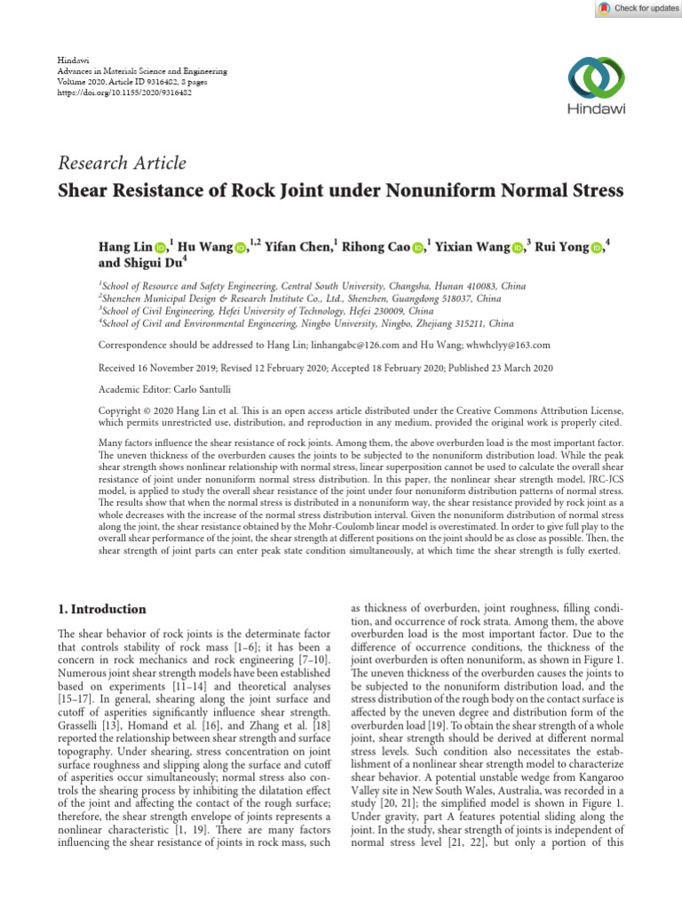 Shear Resistance of Rock Joints Analysis | PDF | Strength Of Materials ...