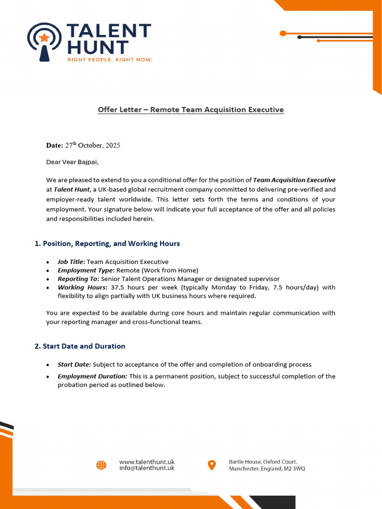 Remote Team Acquisition Executive Offer | PDF | Employment | Recruitment
