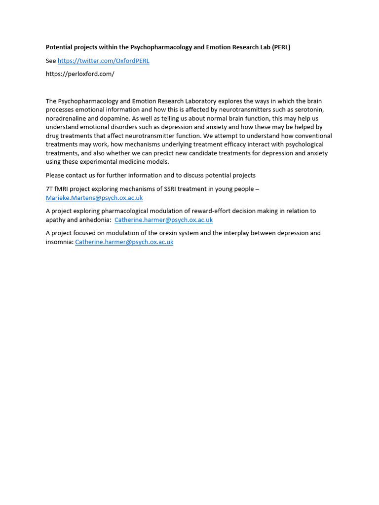 Potentialprojectswithinthe Psychopharmacologyand Emotion Research Lab ...